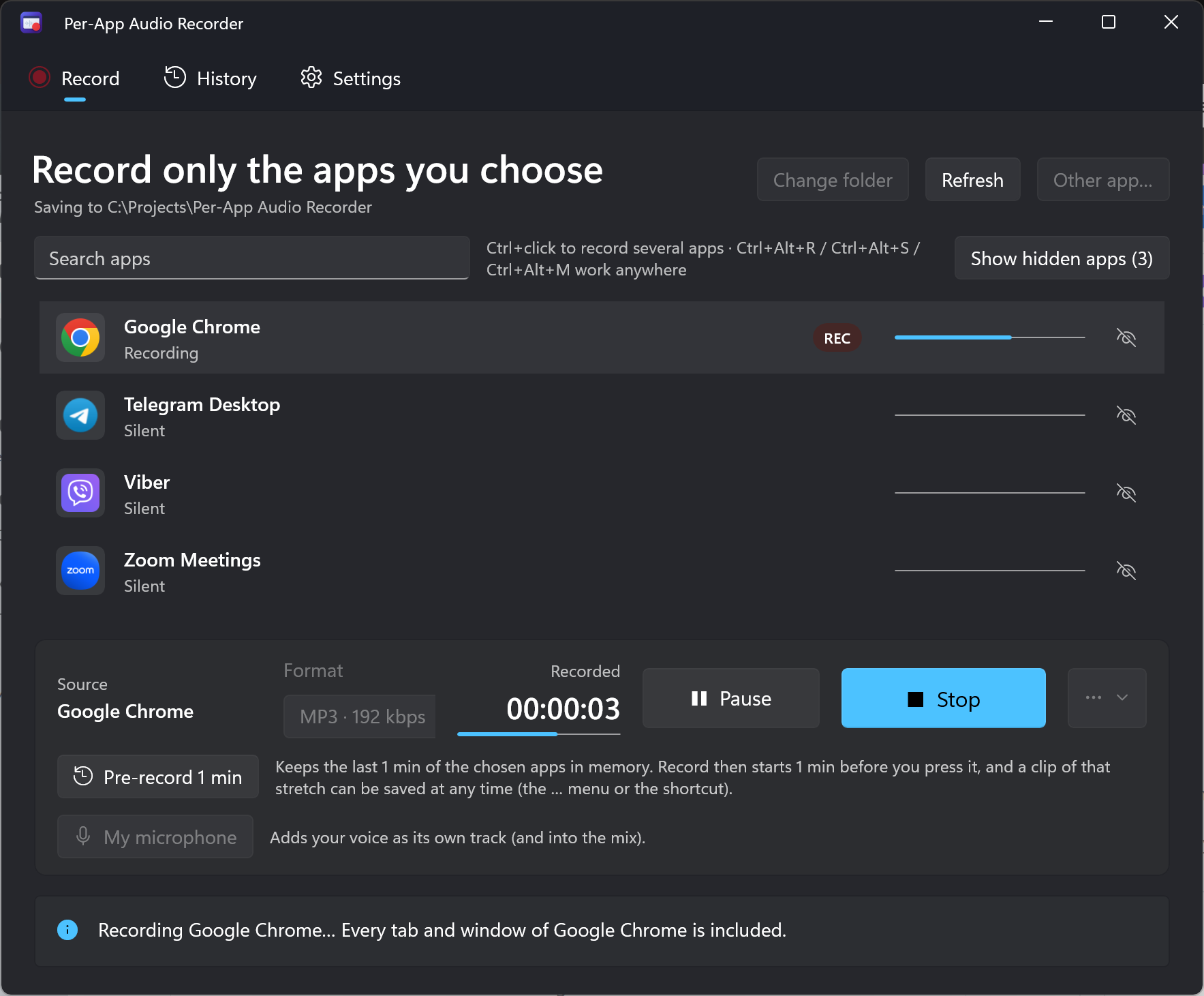 Per-App Audio Recorder Record tab in dark mode, recording Google Chrome with a one-minute Pre-record buffer.