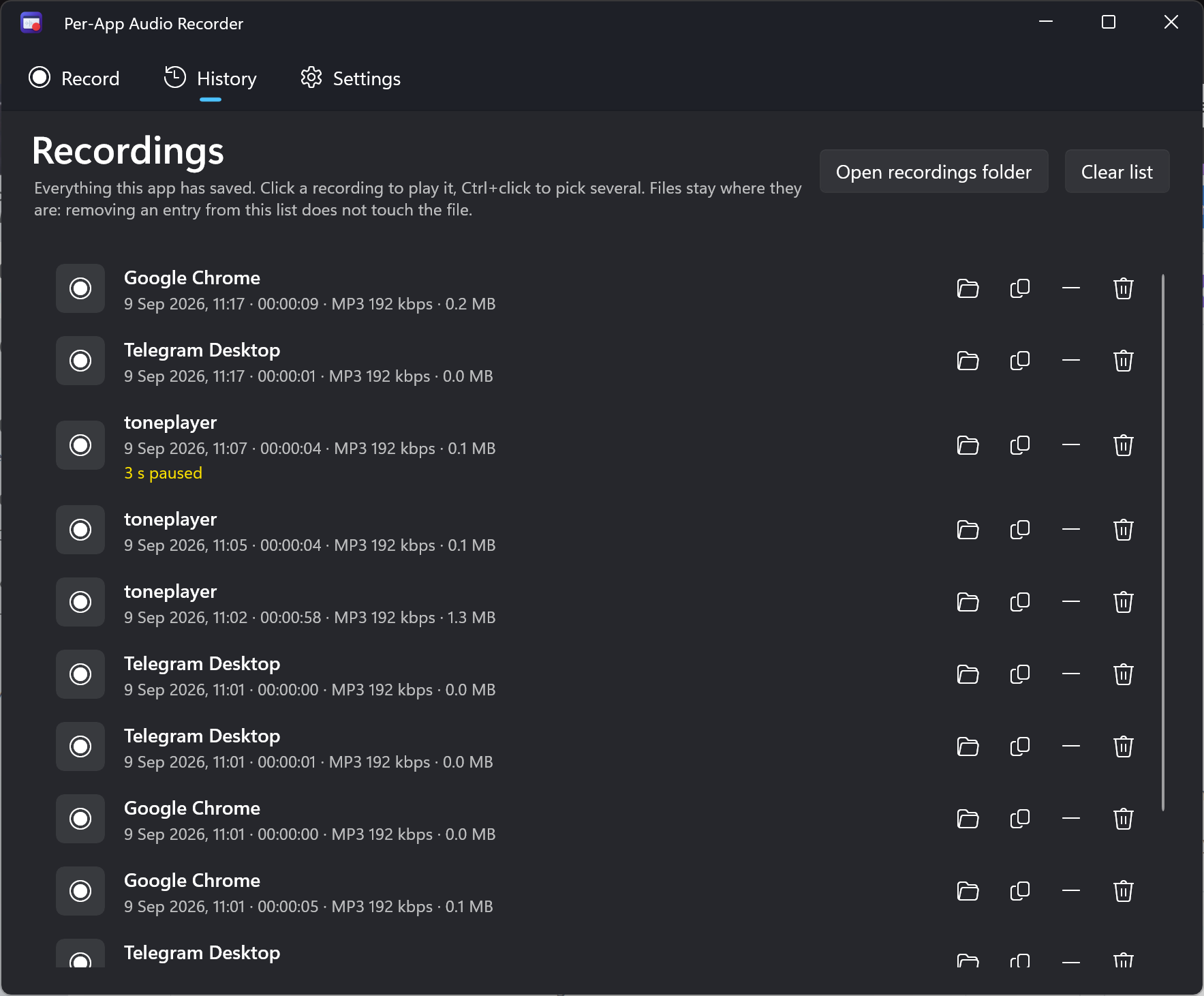 Per-App Audio Recorder History tab showing saved recordings and a three-second pause annotation.