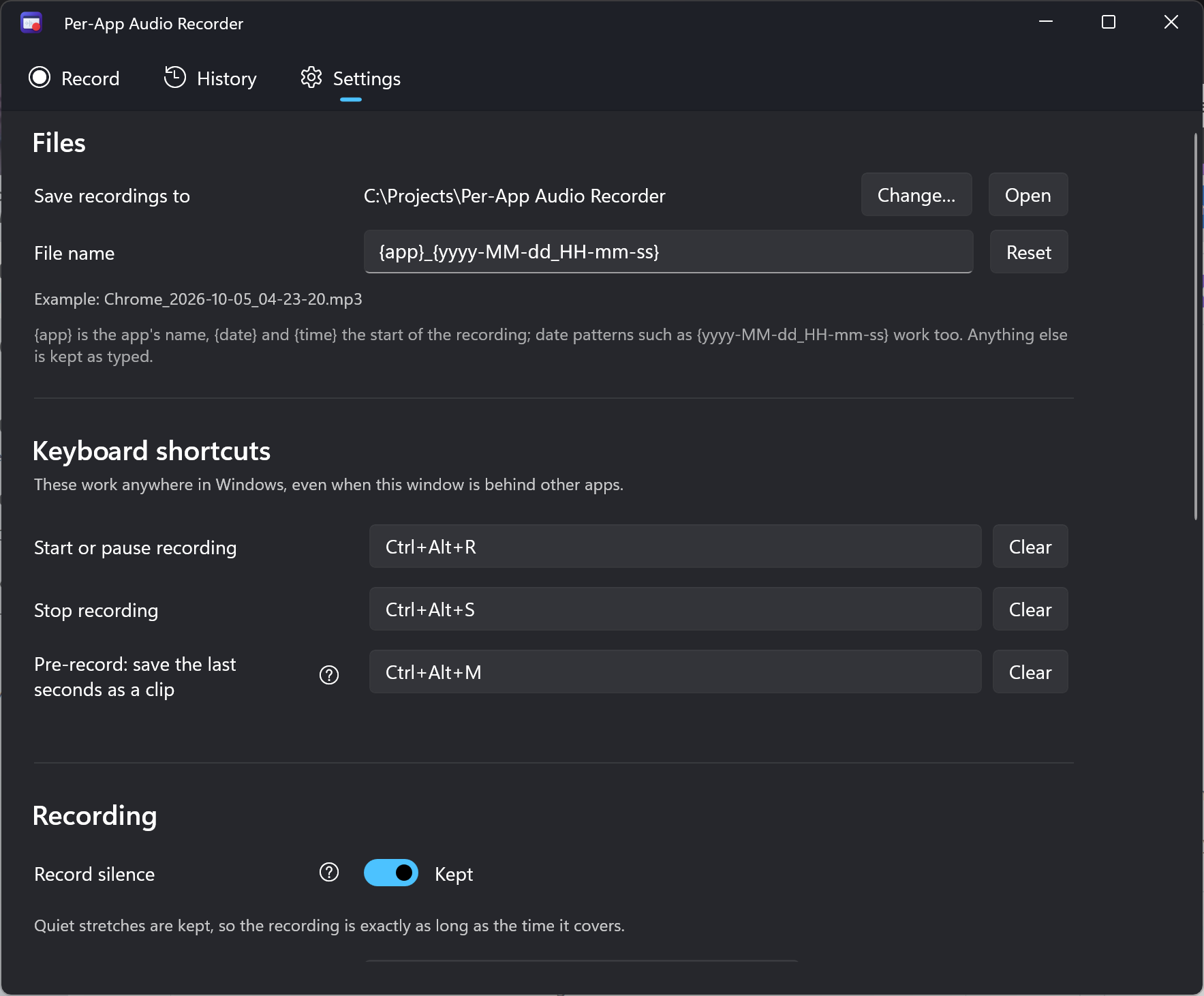 Per-App Audio Recorder Settings showing output folder, filename template, global shortcuts and silence handling.