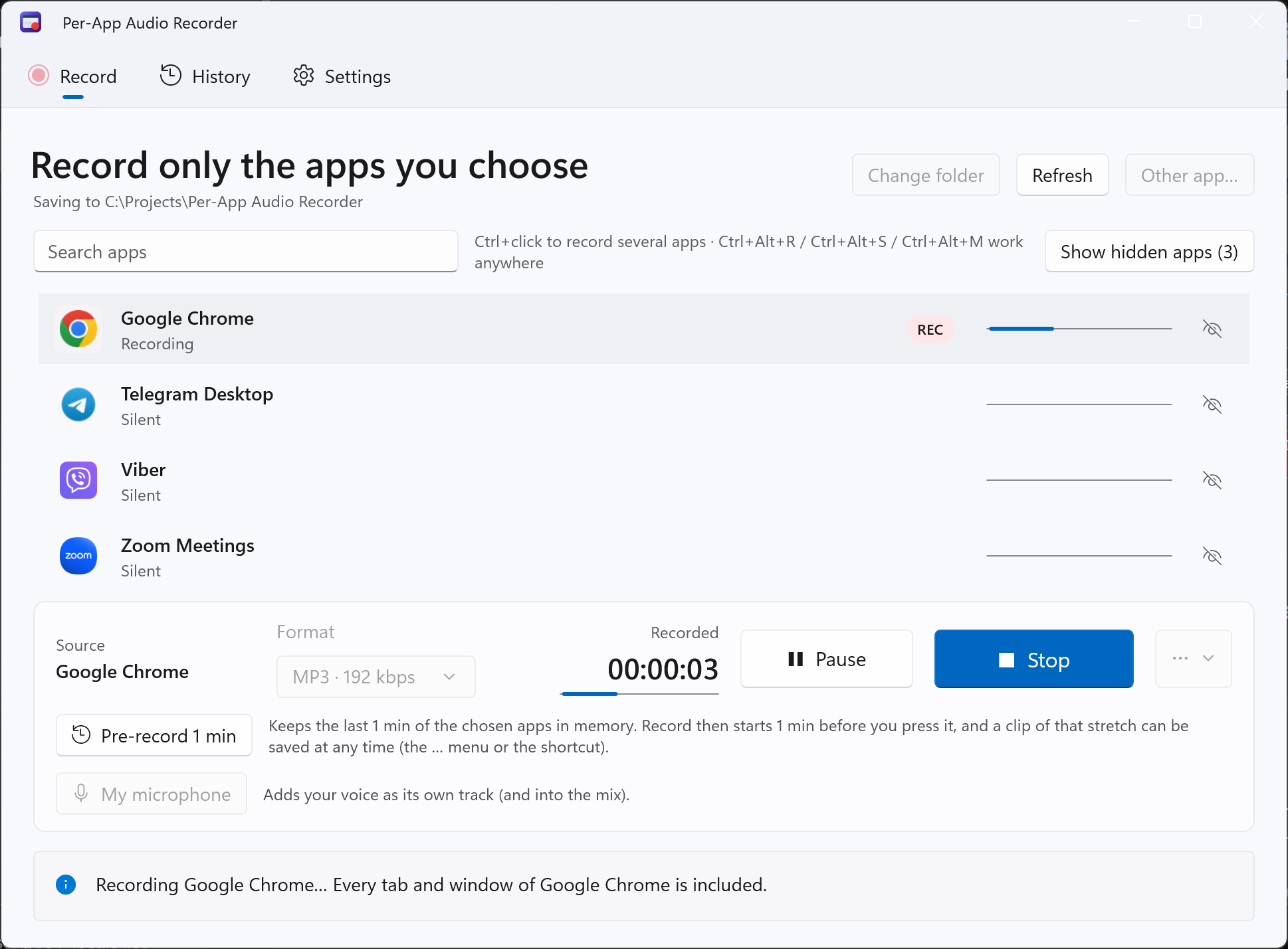 Per-App Audio Recorder Record tab in light mode, recording Google Chrome with Pre-record enabled.